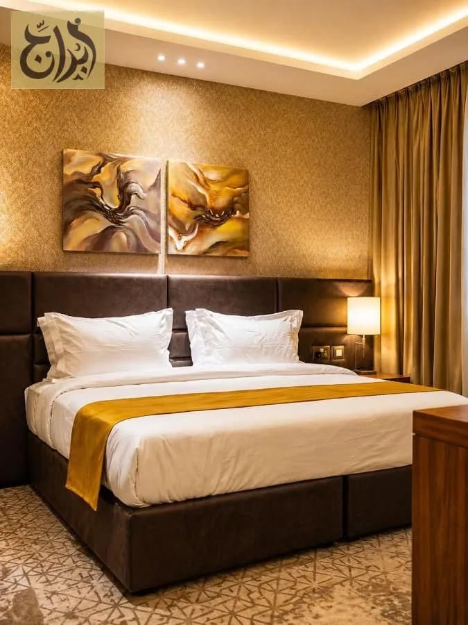 King bed suite bedroom at Abraj Suites Hotel, Al Mansoura, Doha